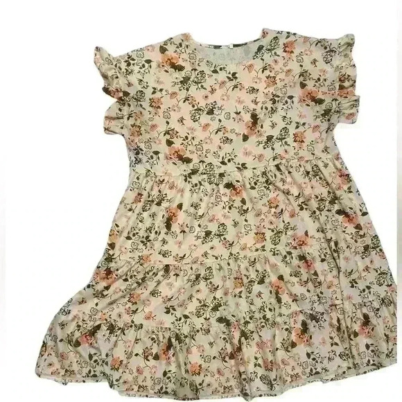 Floral Ruffle Sleeve Tiered Dress - 2XL, Cream and Orange Print - Picture 1 of 3